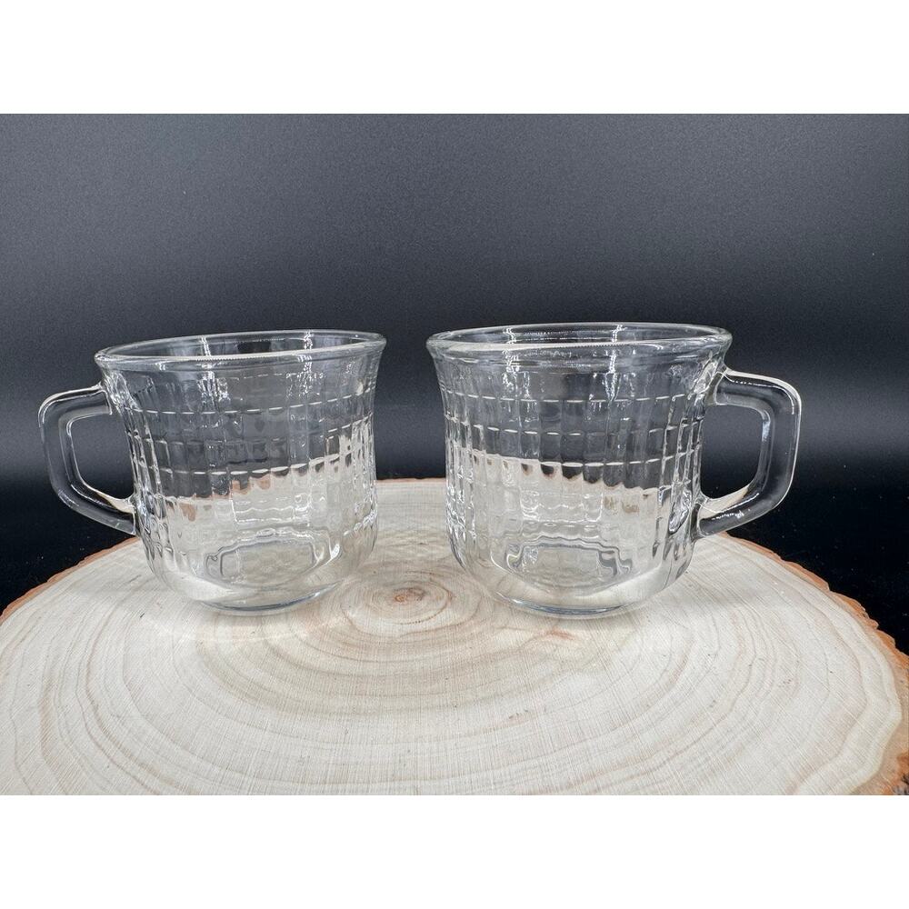 Vintage Made in Mexico Glass Coffee Mugs Set of 2 Textured Clear Glass Cups